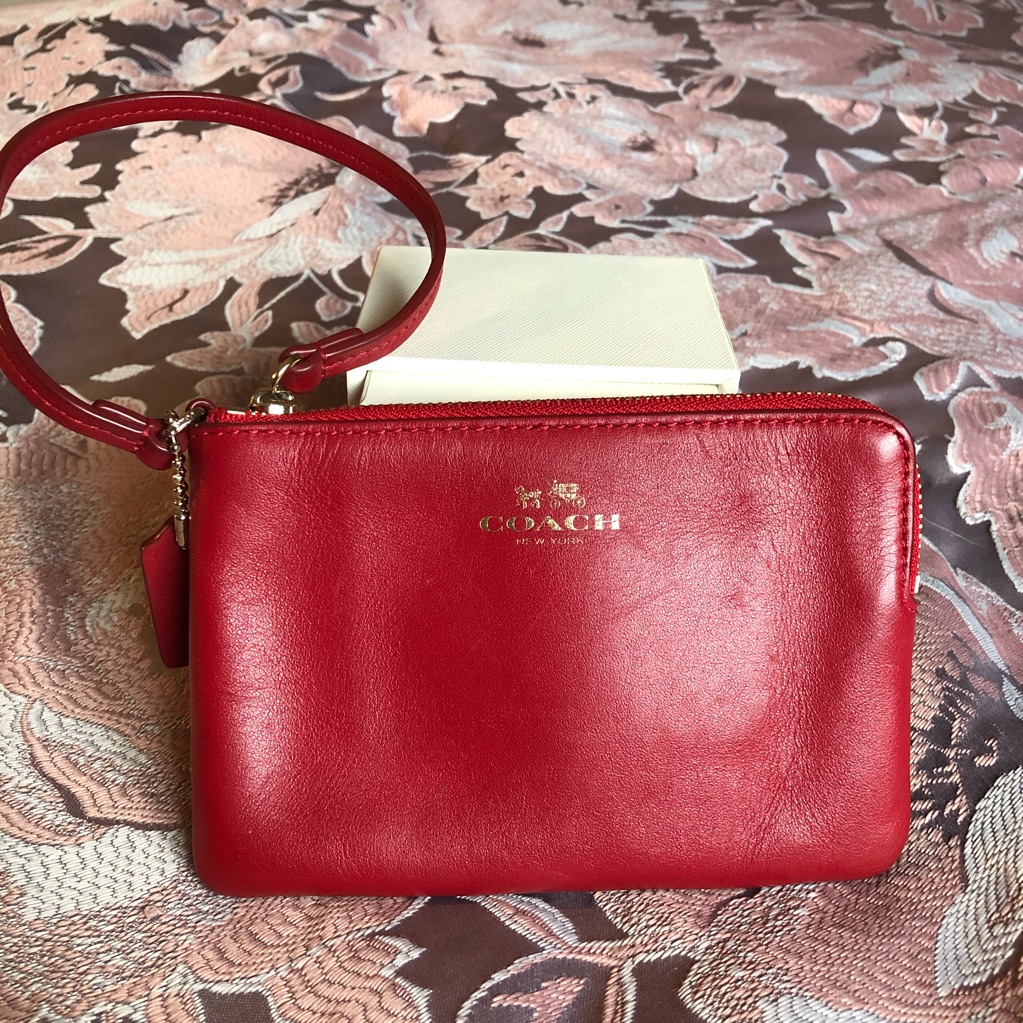 Coach Red Leather Wristlet Wallet W Gold Lettering